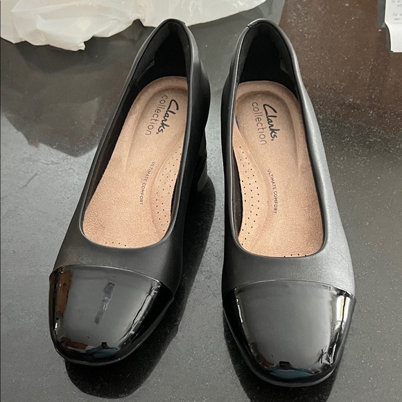 Clarks Shoes - Clarks Women's Black Patent Toe Heels leather on back end of shoes